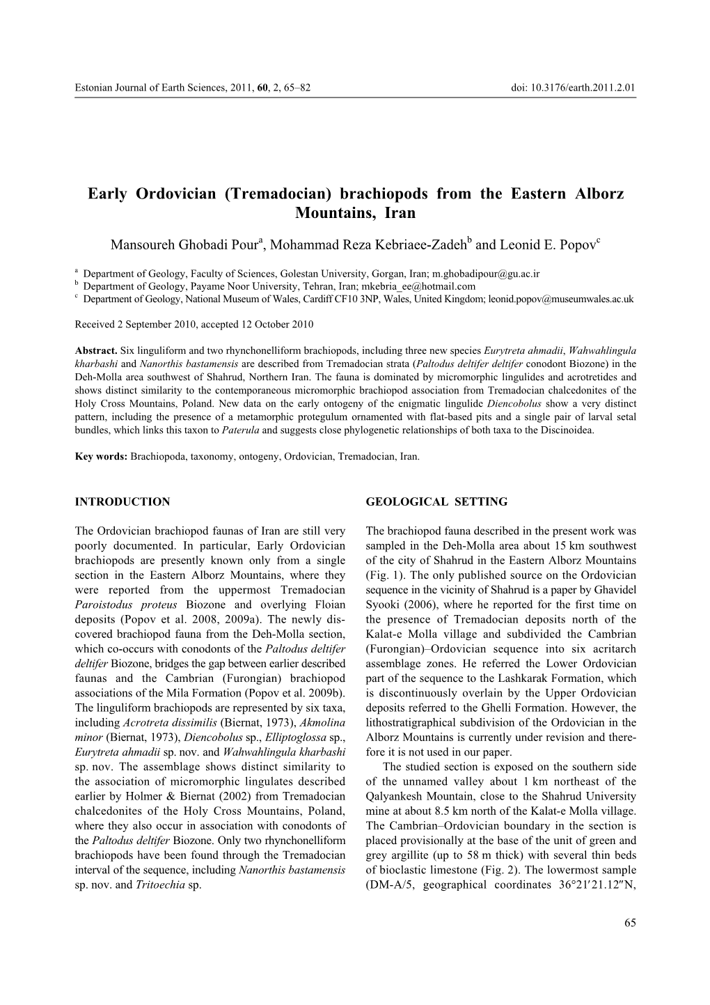 Early Ordovician (Tremadocian) Brachiopods from the Eastern Alborz Mountains, Iran