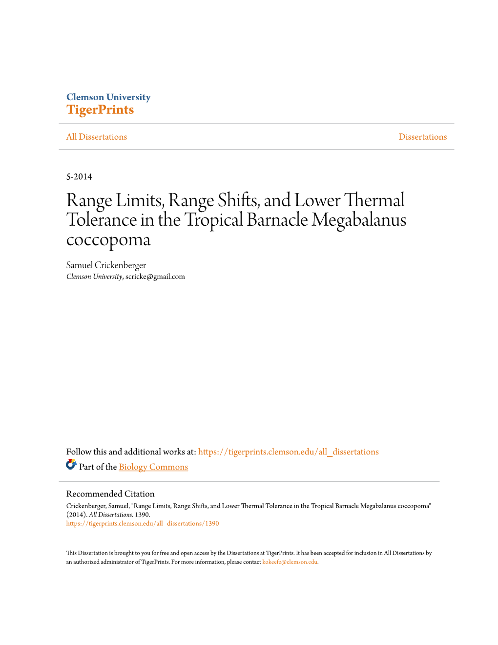 Range Limits, Range Shifts, and Lower Thermal Tolerance in the Tropical Barnacle Megabalanus Coccopoma Samuel Crickenberger Clemson University, Scricke@Gmail.Com