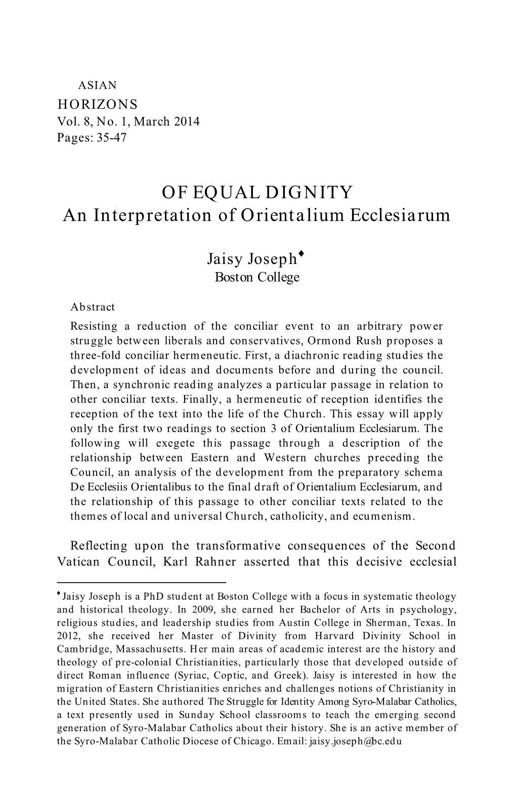 OF EQUAL DIGNITY an Interpretation of Orientalium Ecclesiarum