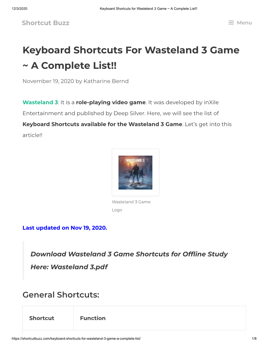 Keyboard Shortcuts for Wasteland 3 Game ~ a Complete List!!