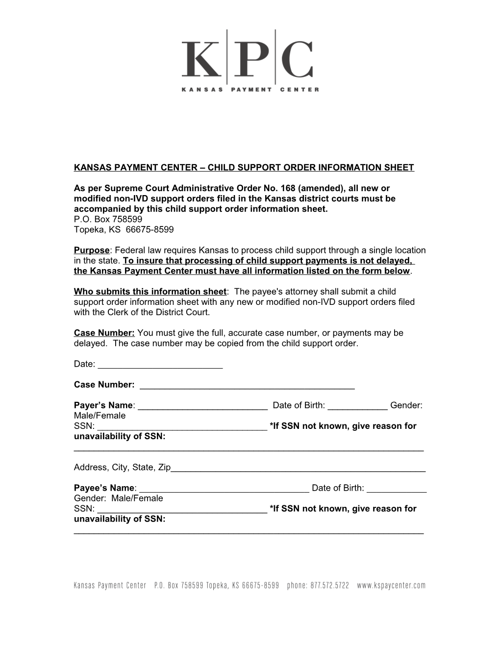 Kansas Payment Center Child Support Order Information Sheet