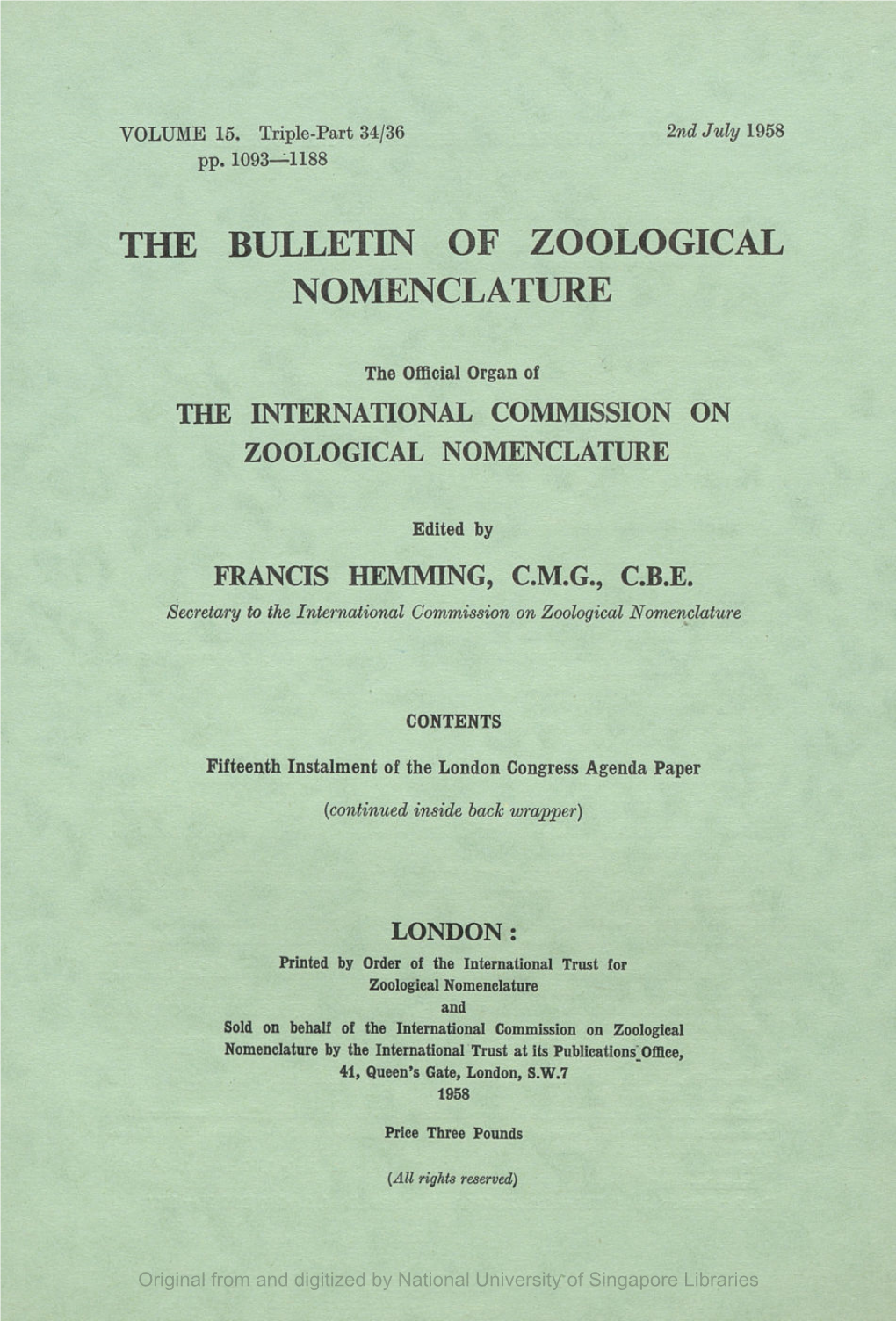 The Bulletin of Zoological Nomenclature. Vol.15, Part34 to 36