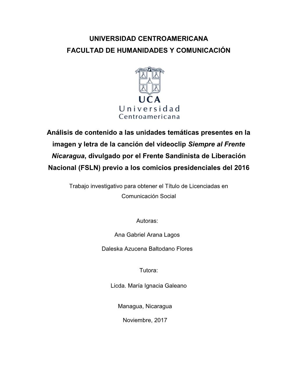 Universidad Centroamericana Facultad De Humanidades Y Comunicación