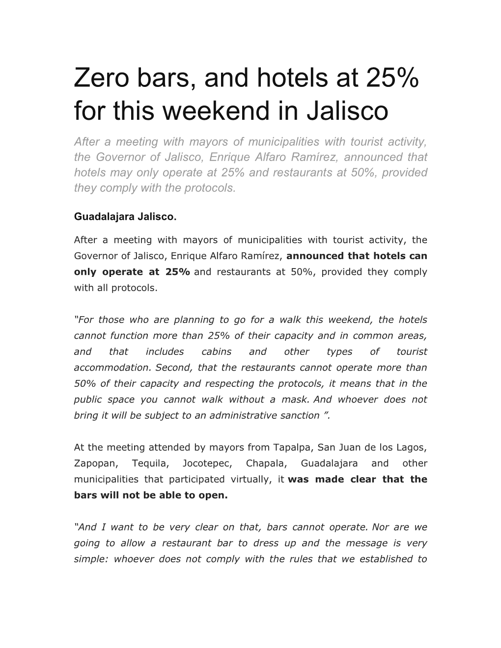 Zero Bars, and Hotels at 25% for This Weekend in Jalisco