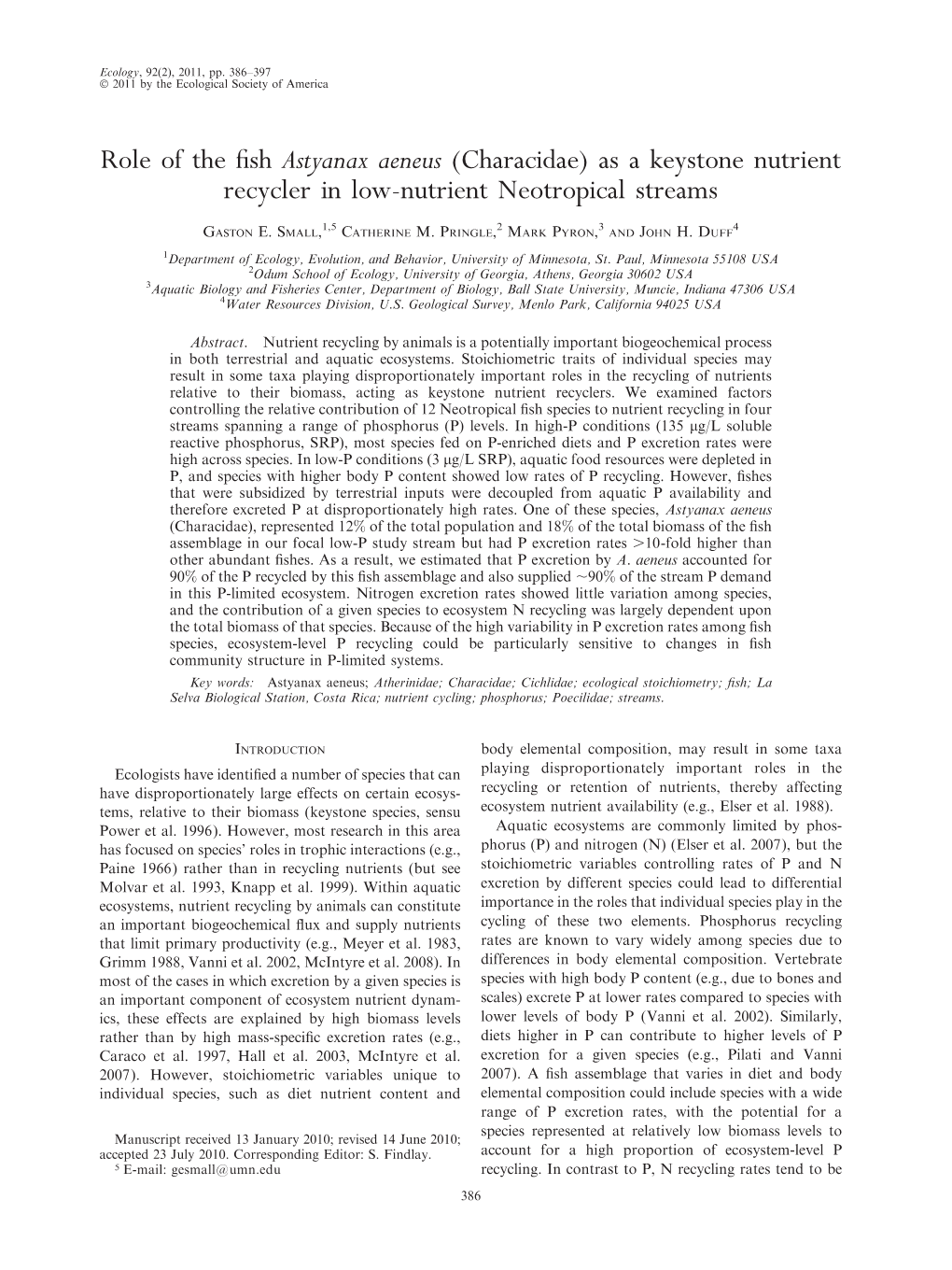 Role of the Fish Astyanax Aeneus (Characidae) As a Keystone Nutrient