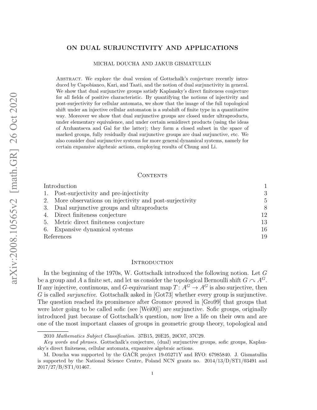 Arxiv:2008.10565V2 [Math.GR] 26 Oct 2020 N Ftems Motn Lse Fgop Ngoercgopthe Group Geometric T in on Groups Life of a Classes Live Important Soﬁ Now Most Surjunctive