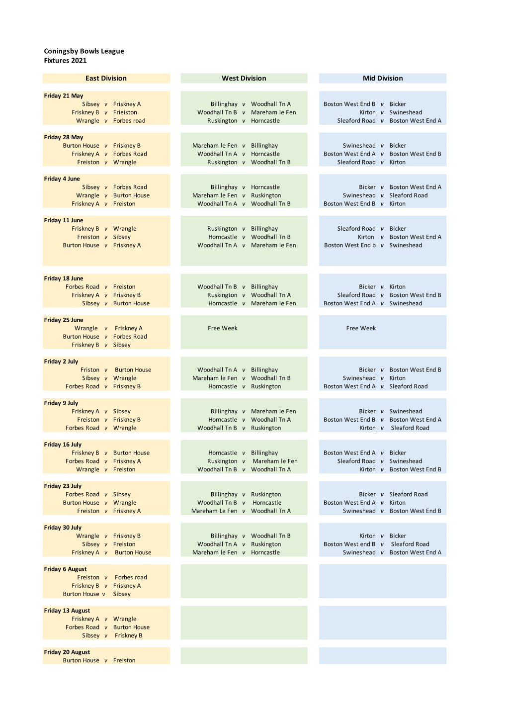 Fixtures 2021