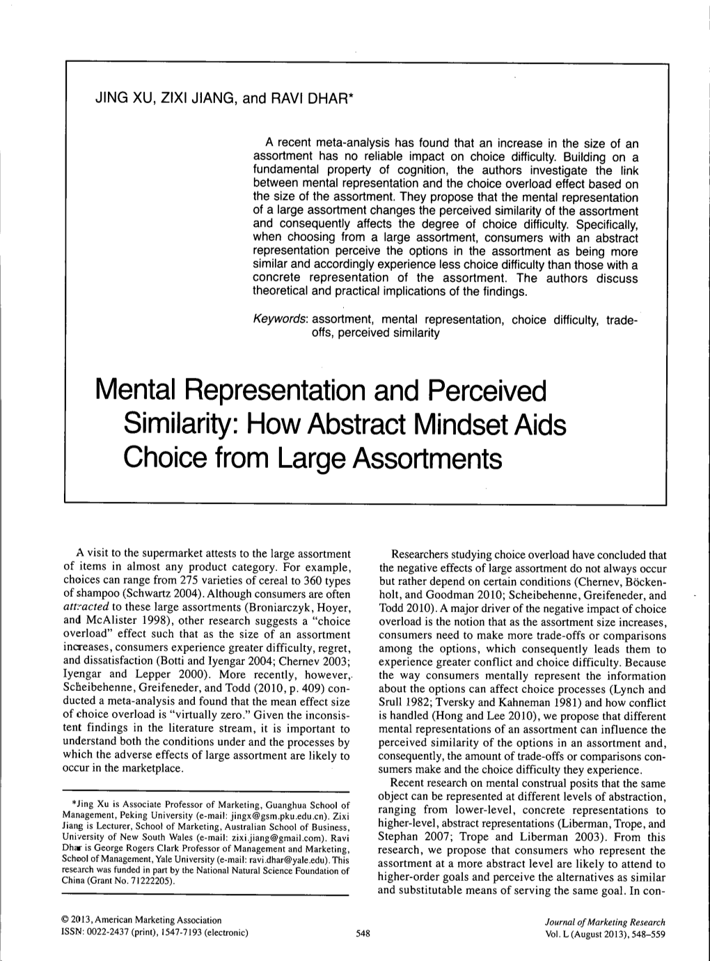 Mental Representation and Perceived Similarity: How Abstract Mindset Aids Choice from Large Assortments