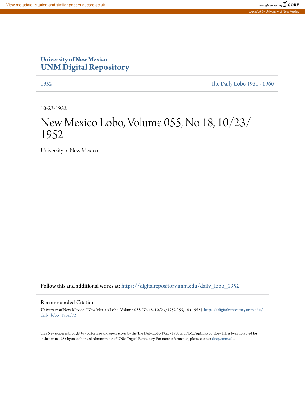 New Mexico Lobo, Volume 055, No 18, 10/23/1952." 55, 18 (1952)