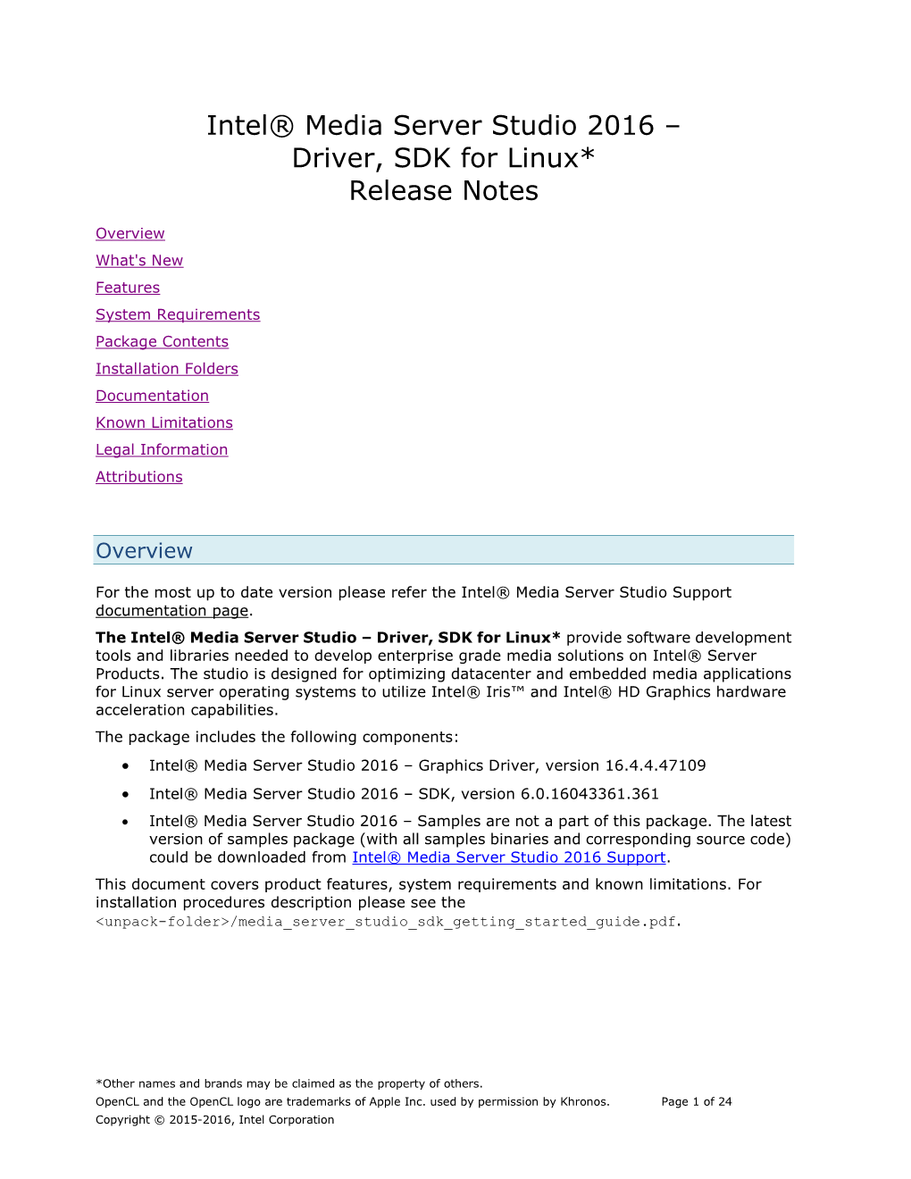 Intel® Media Server Studio 2016 – Driver, SDK for Linux* Release Notes