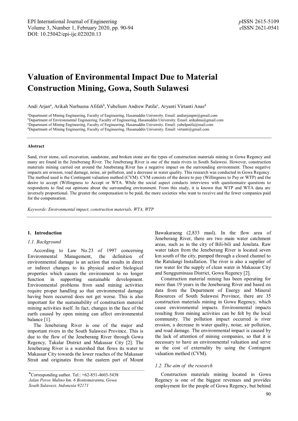 Valuation of Environmental Impact Due to Material Construction Mining, Gowa, South Sulawesi