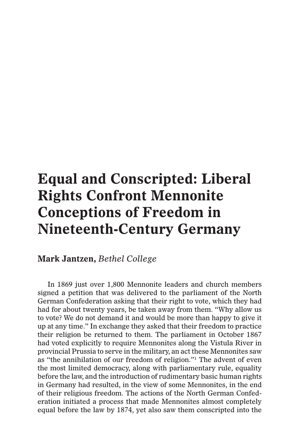 Liberal Rights Confront Mennonite Conceptions of Freedom in Nineteenth-Century Germany