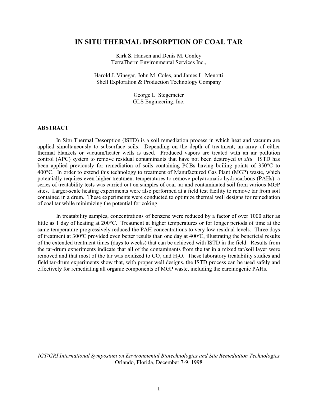 In Situ Thermal Desorption of Coal Tar