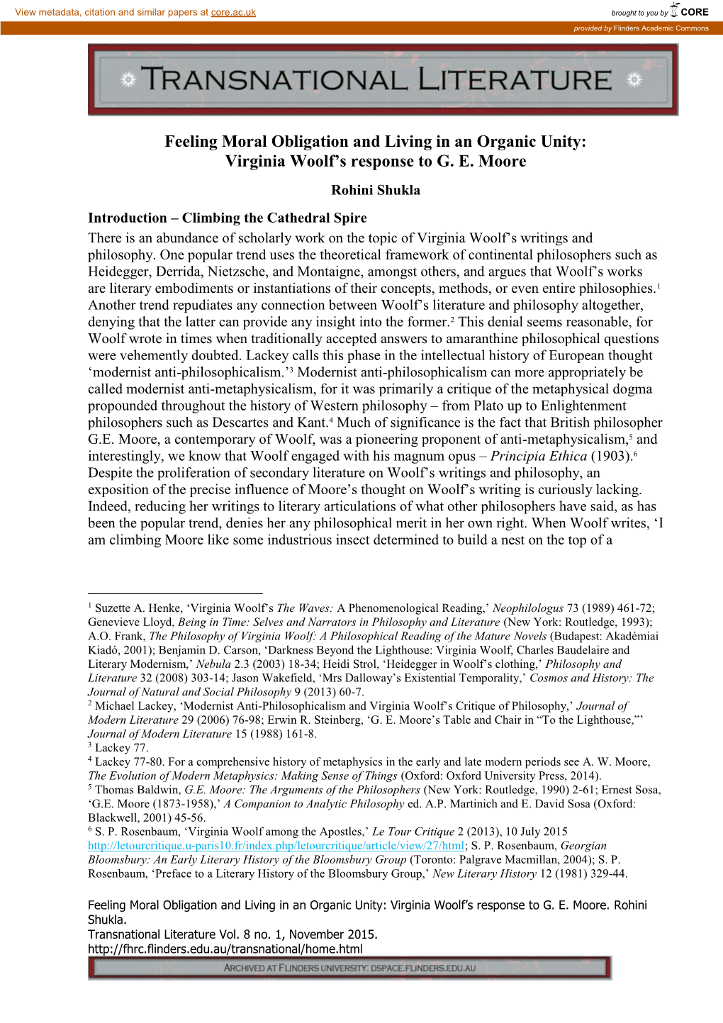 Feeling Moral Obligation and Living in an Organic Unity: Virginia Woolf’S Response to G