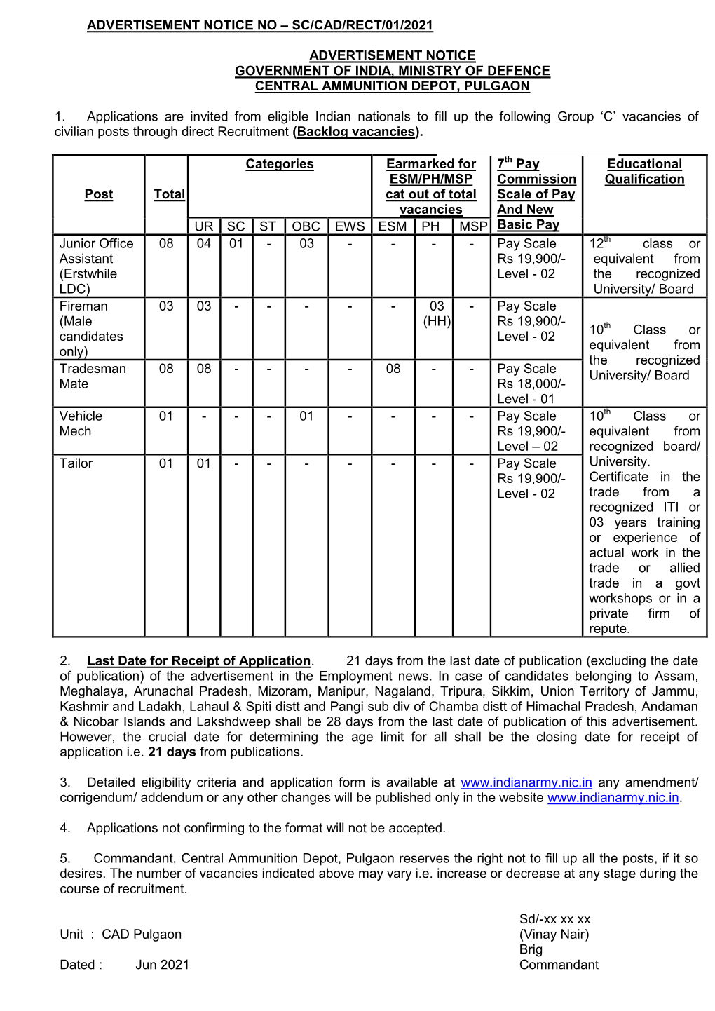 Haryanajobs.In Army CAD Pulgaon Group C Recruitment Notification