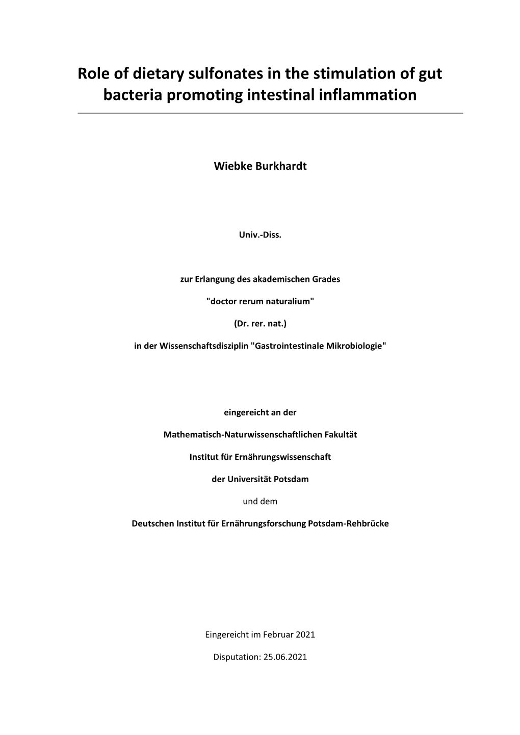 Role of Dietary Sulfonates in the Stimulation of Gut Bacteria Promoting Intestinal Inflammation