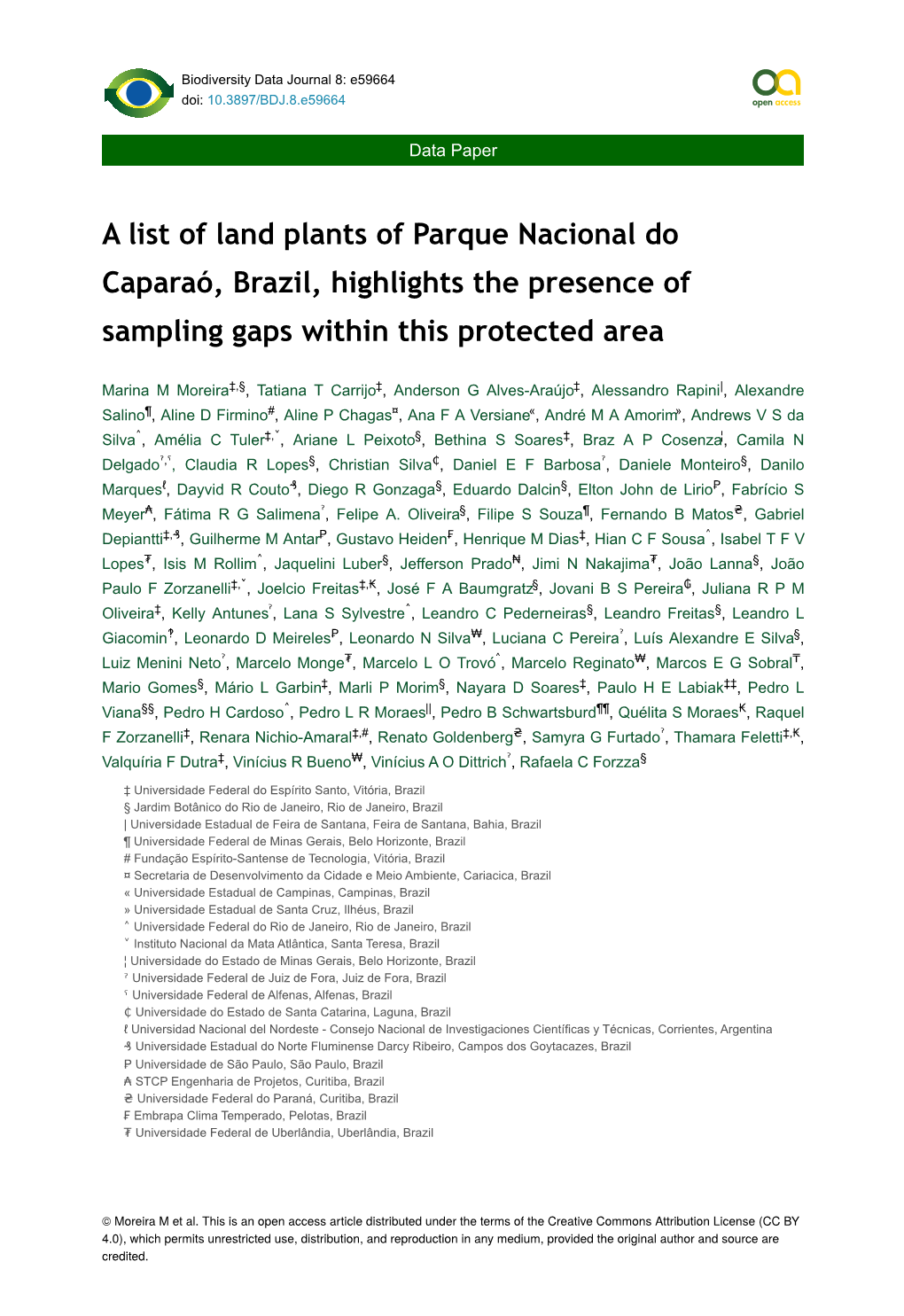 A List of Land Plants of Parque Nacional Do Caparaó, Brazil, Highlights the Presence of Sampling Gaps Within This Protected Area