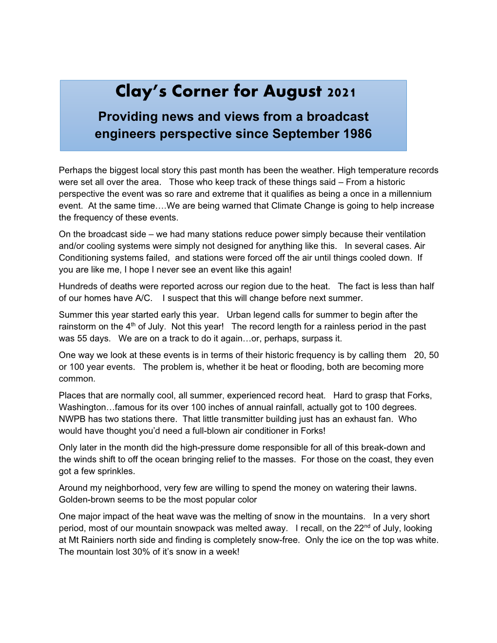 Clay's Corner for August 2021