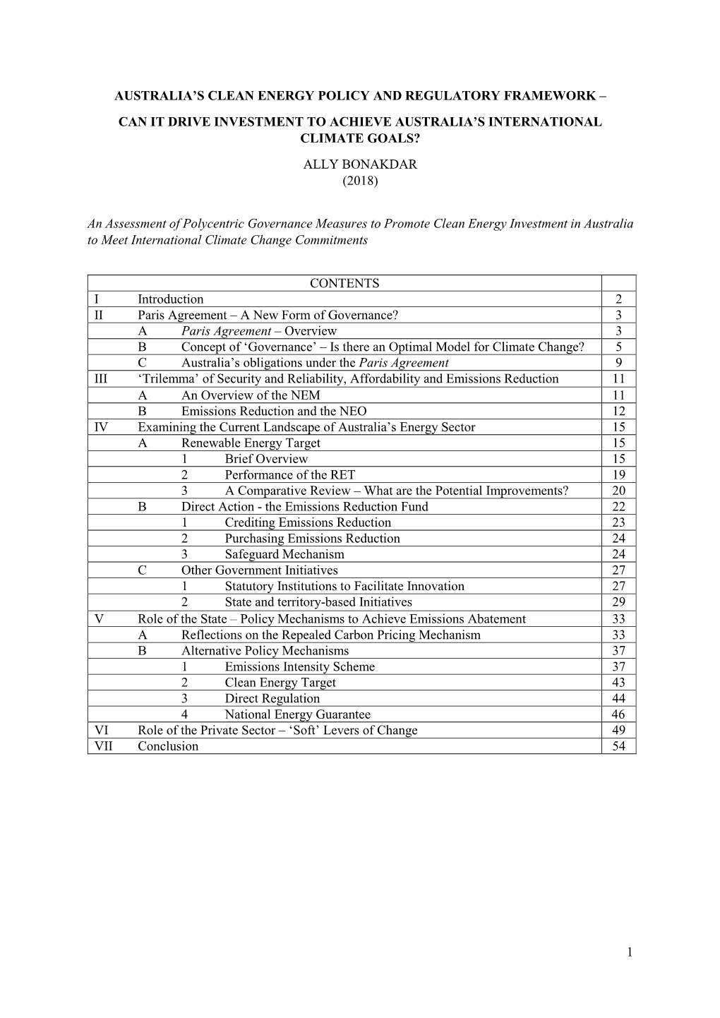 Australia's Clean Energy Policy and Regulatory Framework