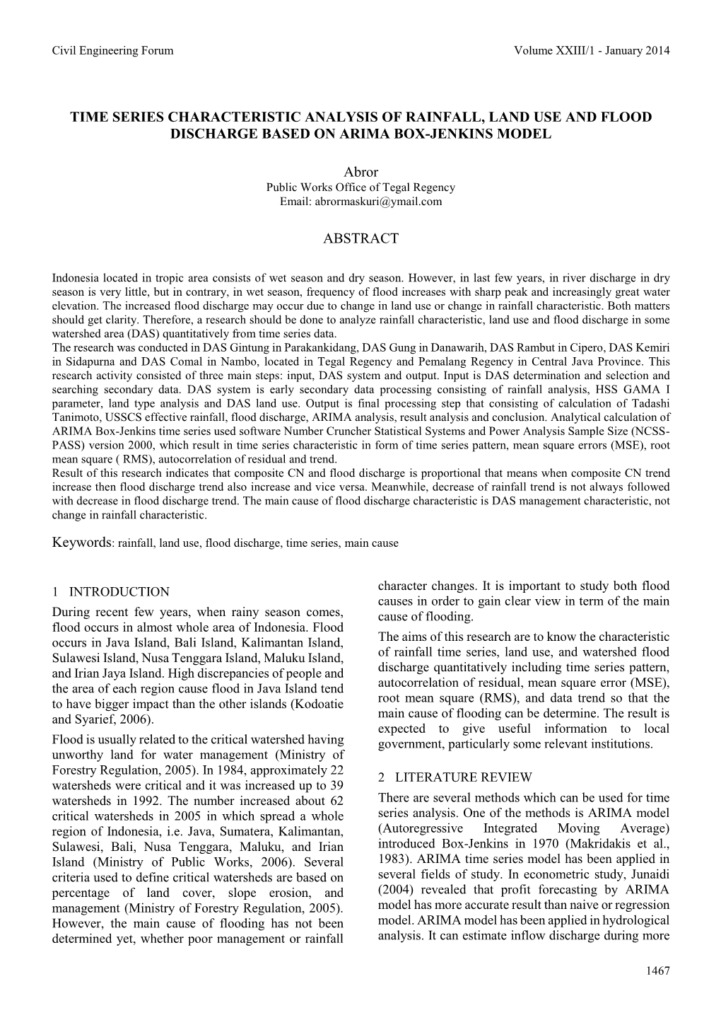 Time Series Characteristic Analysis of Rainfall, Land Use and Flood Discharge Based on Arima Box-Jenkins Model