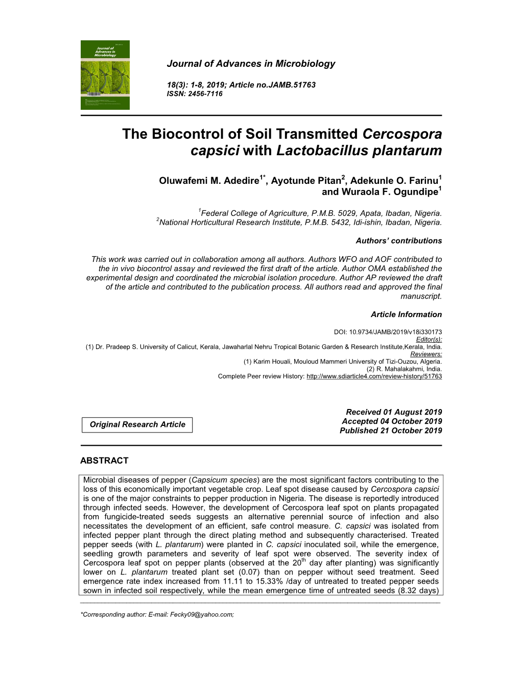 The Biocontrol of Soil Transmitted Cercospora Capsici with Lactobacillus Plantarum