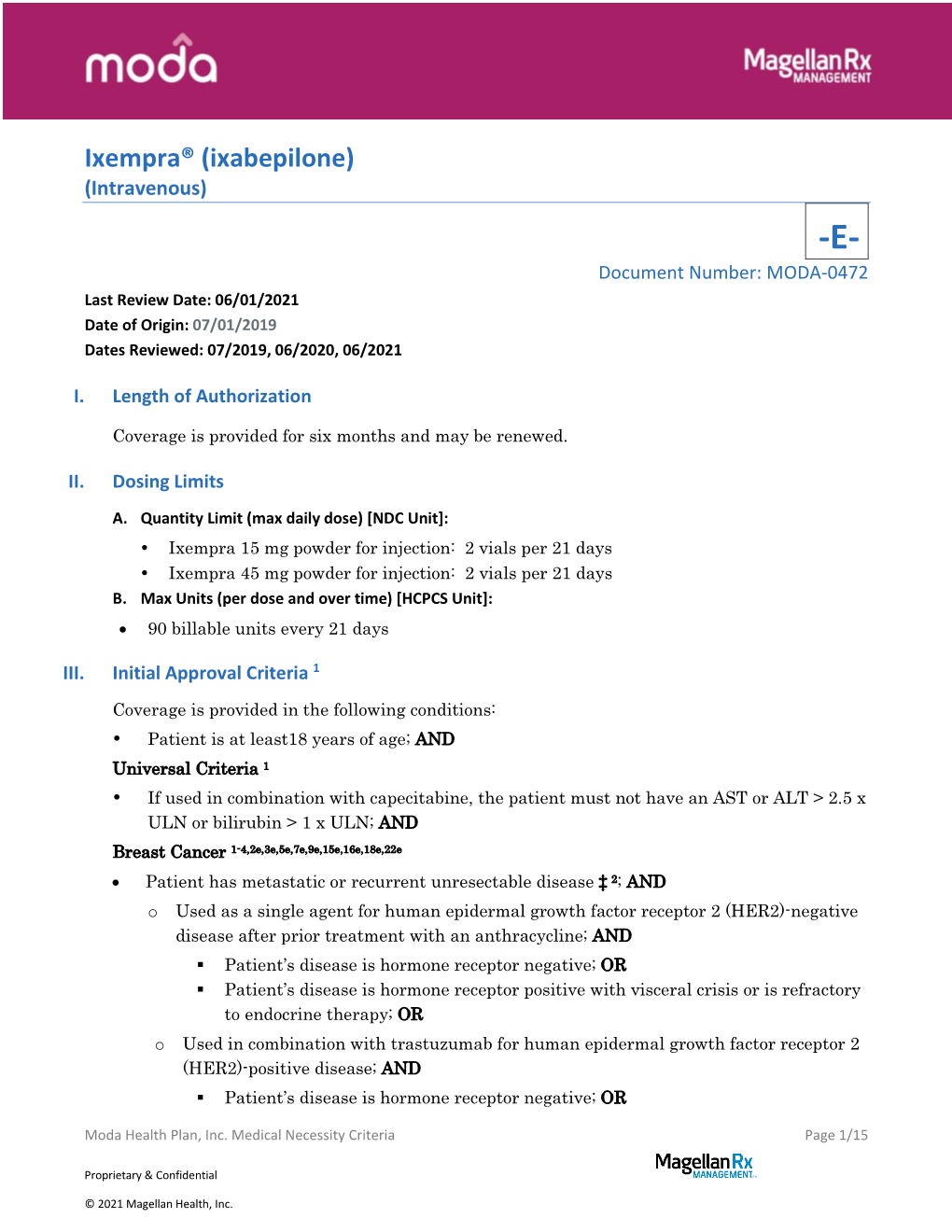 Ixempra® (Ixabepilone) (Intravenous) -E- Document Number: MODA-0472 Last Review Date: 06/01/2021 Date of Origin: 07/01/2019 Dates Reviewed: 07/2019, 06/2020, 06/2021