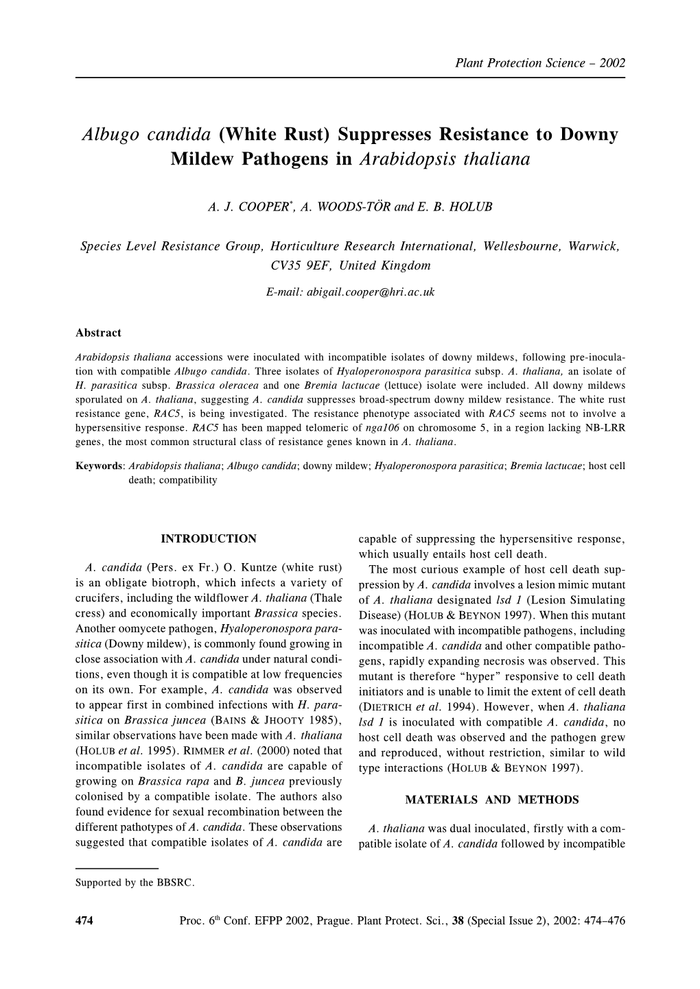 Albugo Candida (White Rust) Suppresses Resistance to Downy Mildew Pathogens in Arabidopsis Thaliana