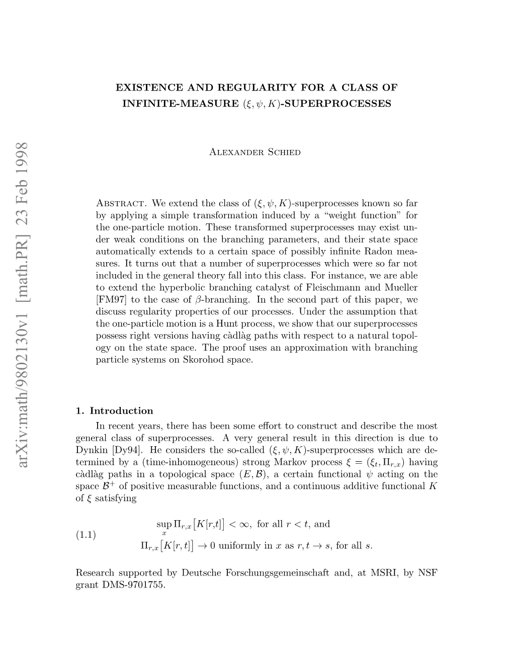 Math.PR] 23 Feb 1998 of (1 Space Eerhspotdb Etcefrcuggmishf an Forschungsgemeinschaft DMS-9701755