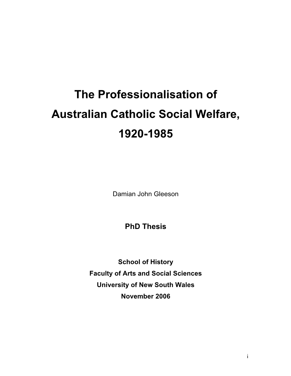 The Professionalisation of Australian Catholic Social Welfare, 1920-1985