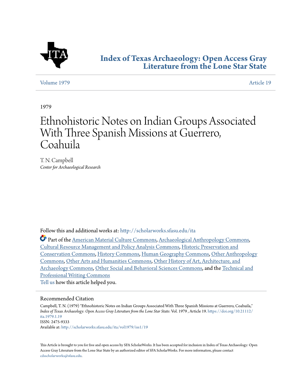 Ethnohistoric Notes on Indian Groups Associated with Three Spanish Missions at Guerrero, Coahuila T