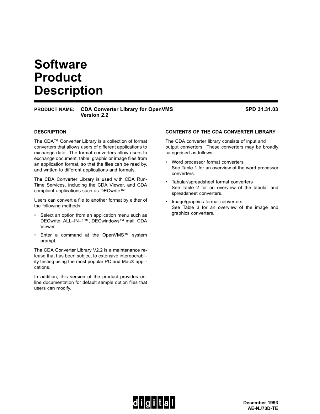 Software Product Description