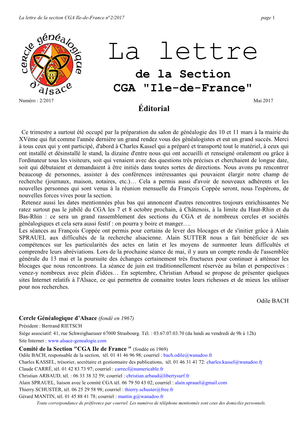 La Lettre De La Section CGA Ile-De-France N°2/2017 Page 1