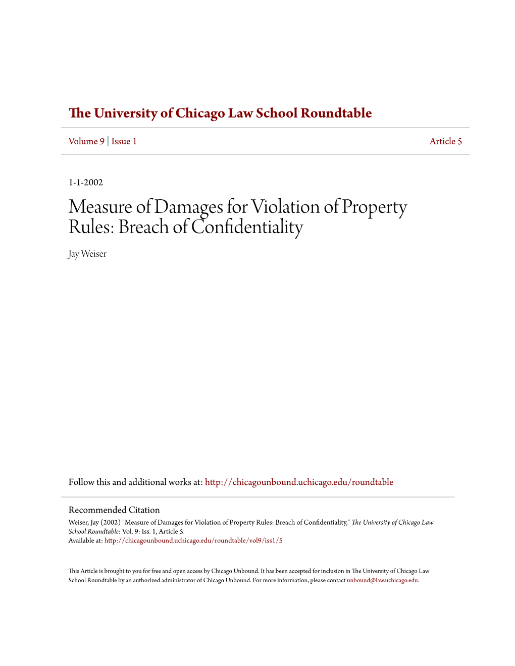 Measure of Damages for Violation of Property Rules: Breach of Confidentiality Jay Weiser