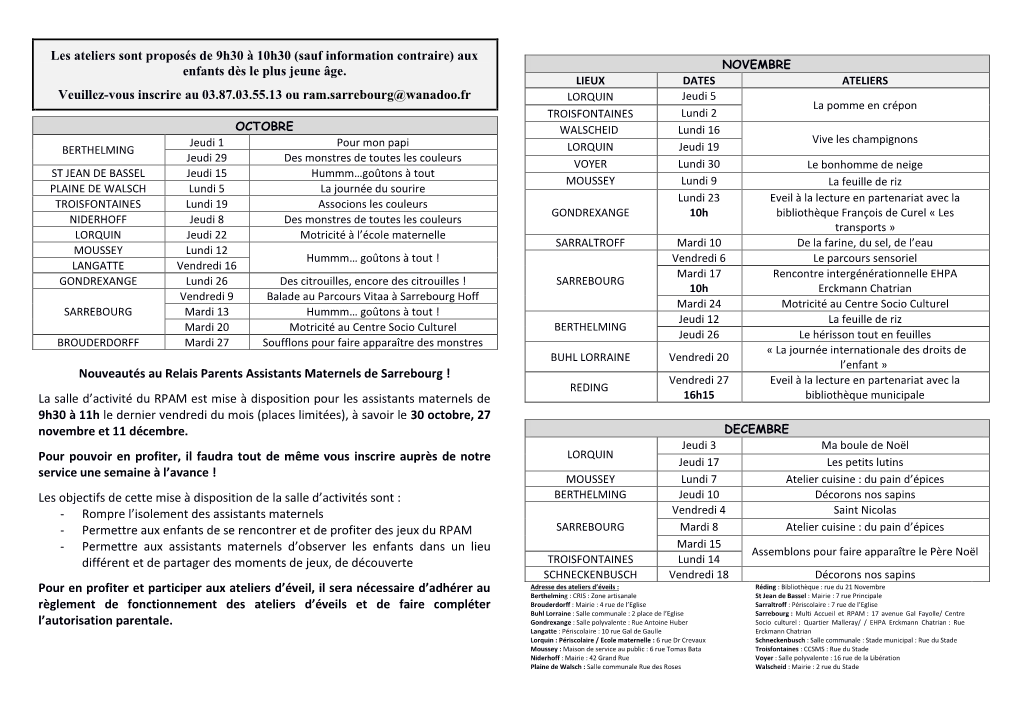 Les Ateliers Sont Proposés De 9H30 À 10H30 (Sauf Information Contraire) Aux Enfants Dès Le Plus Jeune Âge