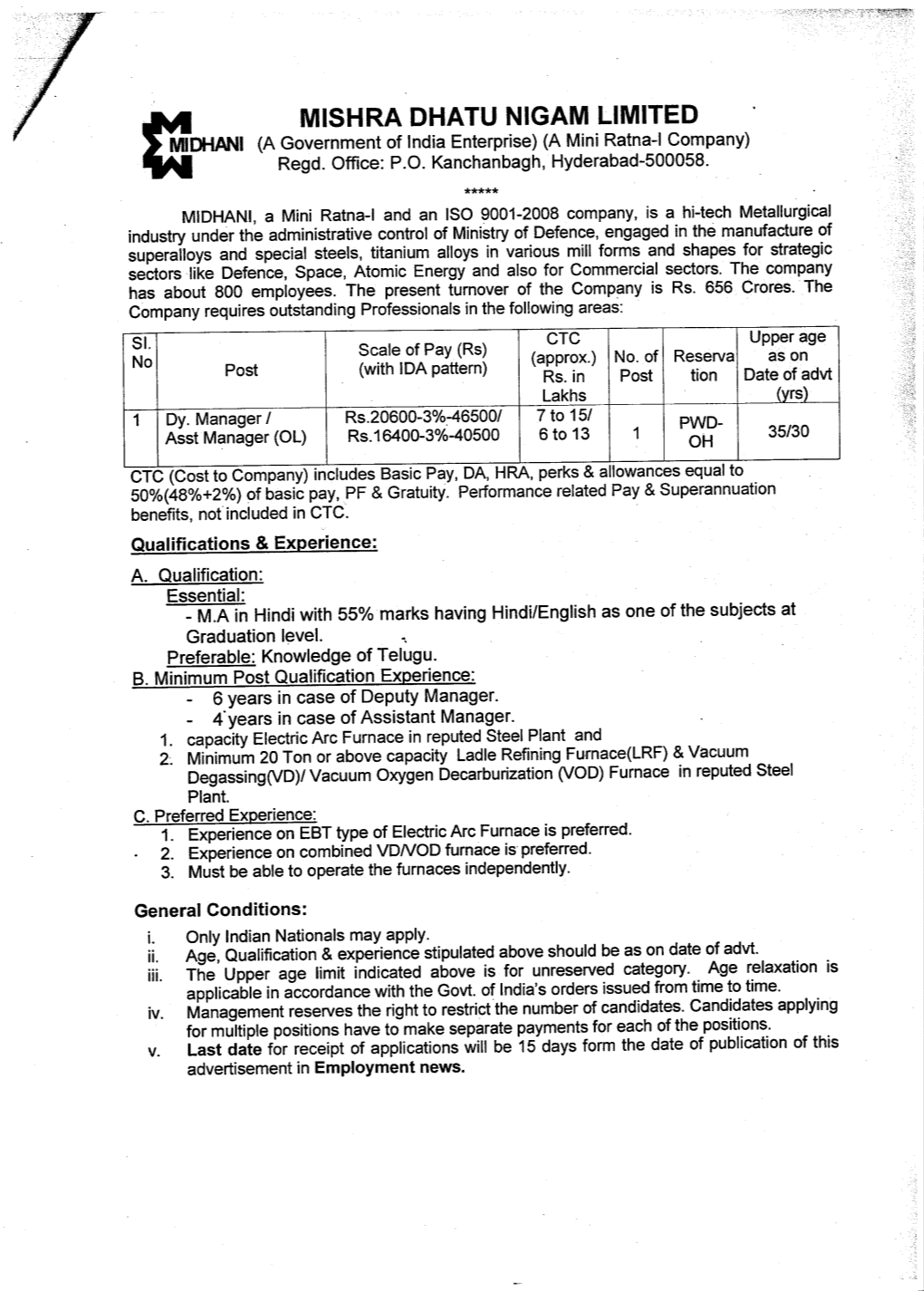 MISHRA DHATU NIGAM LIMITED MIDHANI (A Government of India Enterprise) (A Mini Ratna-I Company) Regd