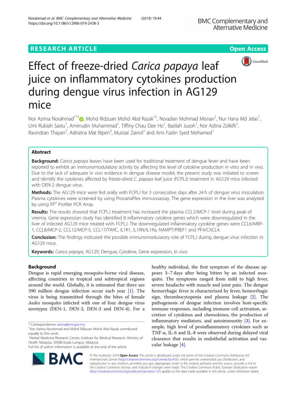 Effect of Freeze-Dried Carica Papaya Leaf Juice on Inflammatory Cytokines