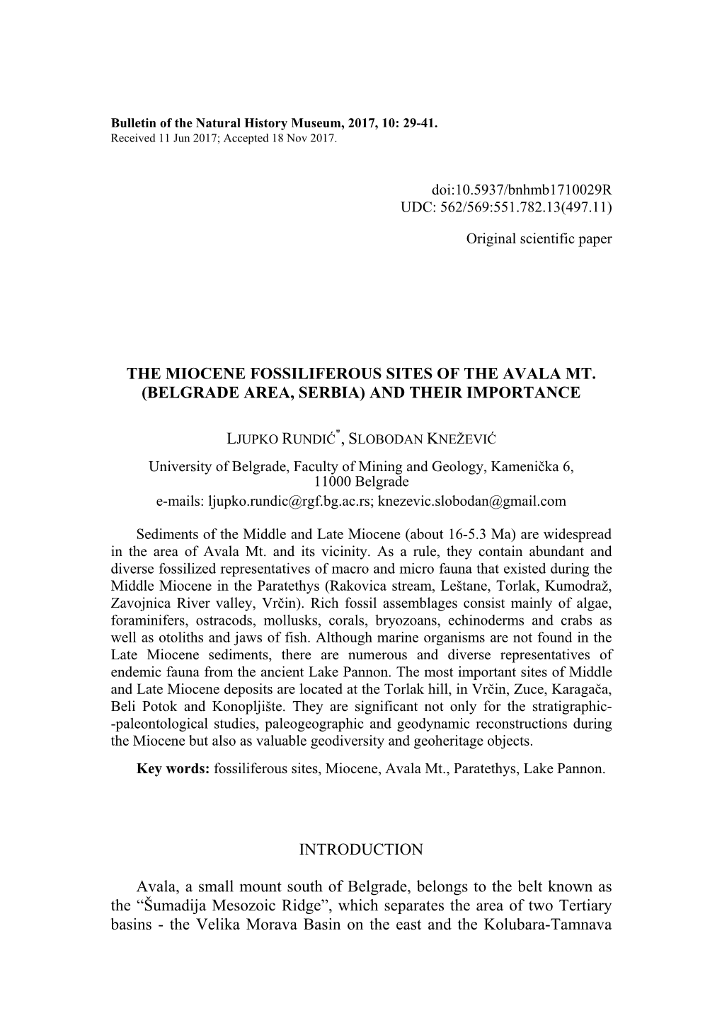 The Miocene Fossiliferous Sites of the Avala Mt