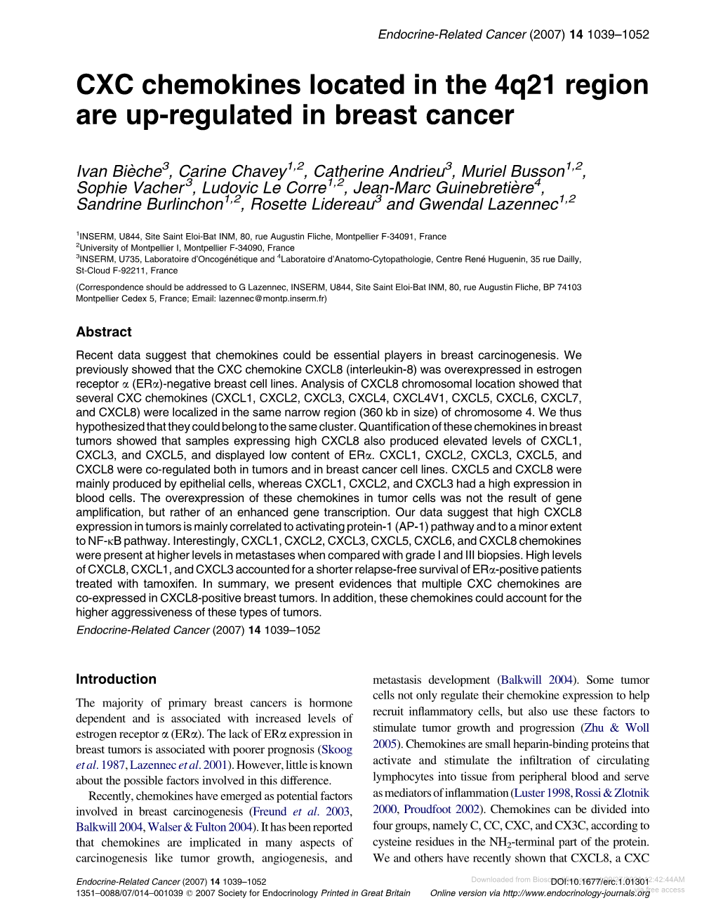 CXC Chemokines Located in the 4Q21 Region Are Up-Regulated in Breast Cancer