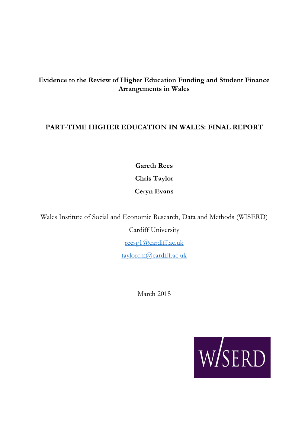 Part-Time Higher Education in Wales: Final Report