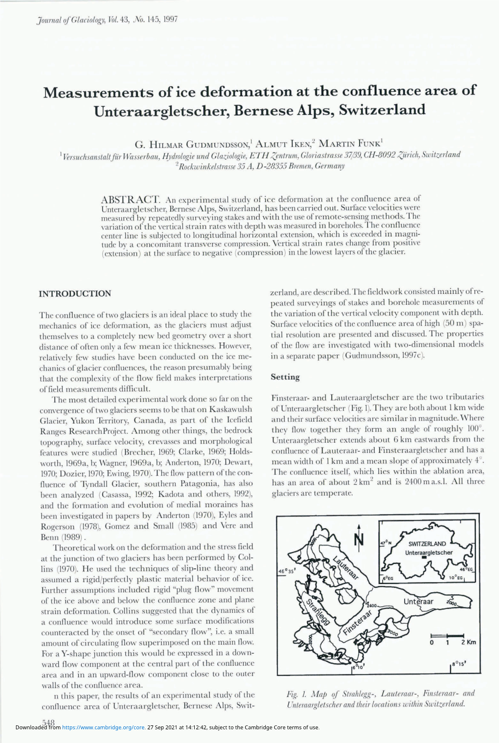 Measurements of Ice Deforrrlation at the Confluence Area of Unteraargletscher, Bernese Alps, Switzerland