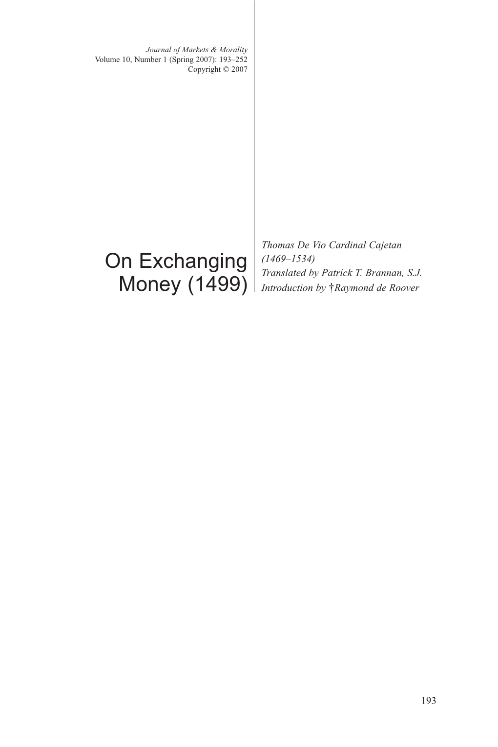 Section Title on Exchanging Money (1499)