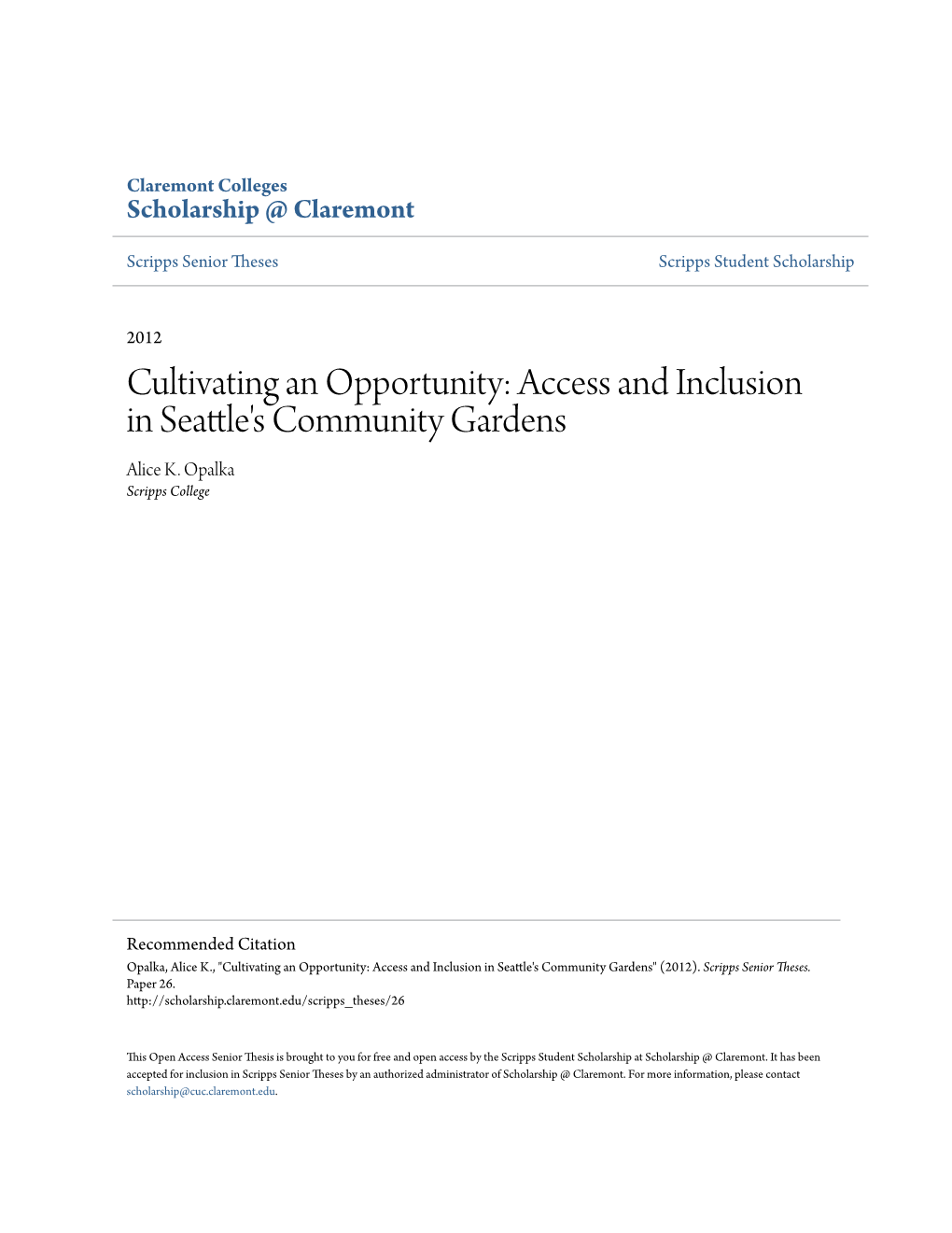 Access and Inclusion in Seattle's Community Gardens Alice K