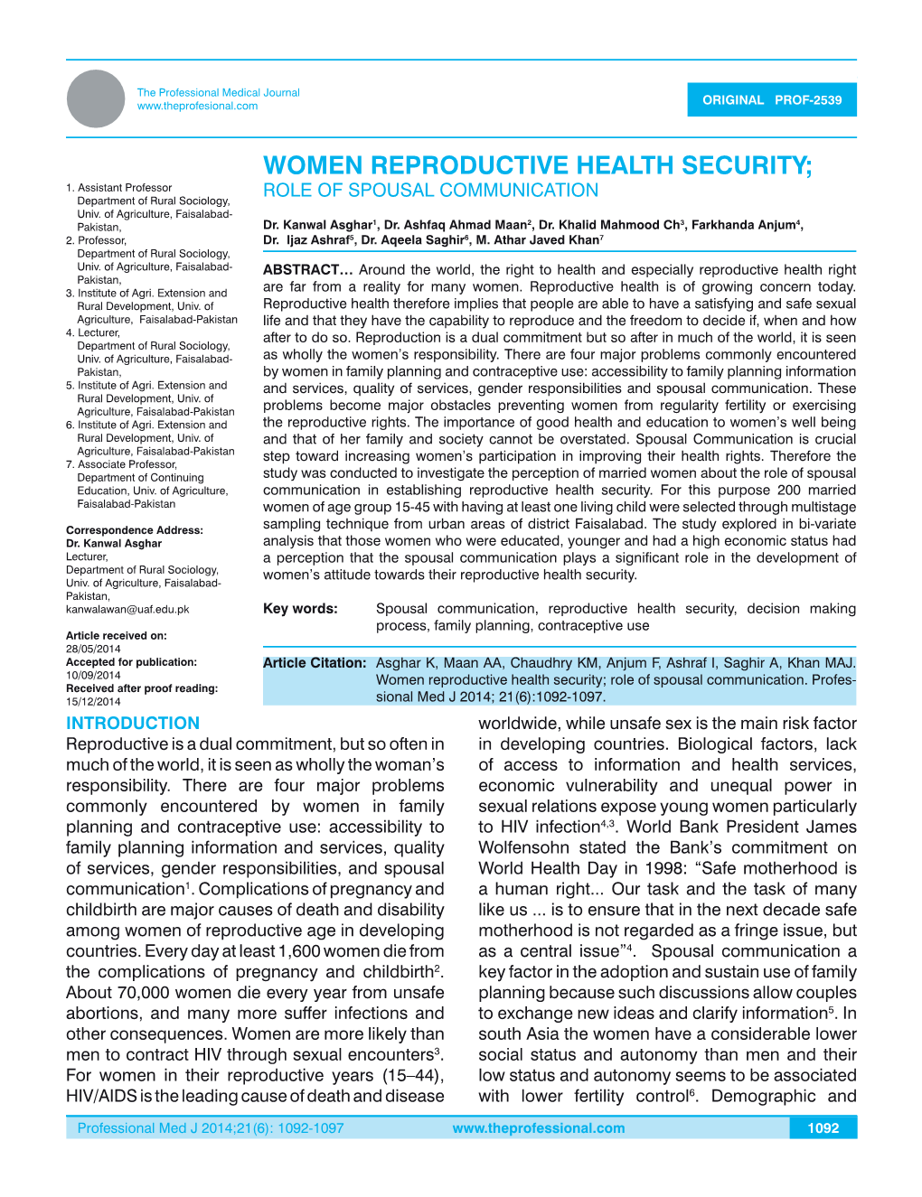 Women Reproductive Health Security; 1