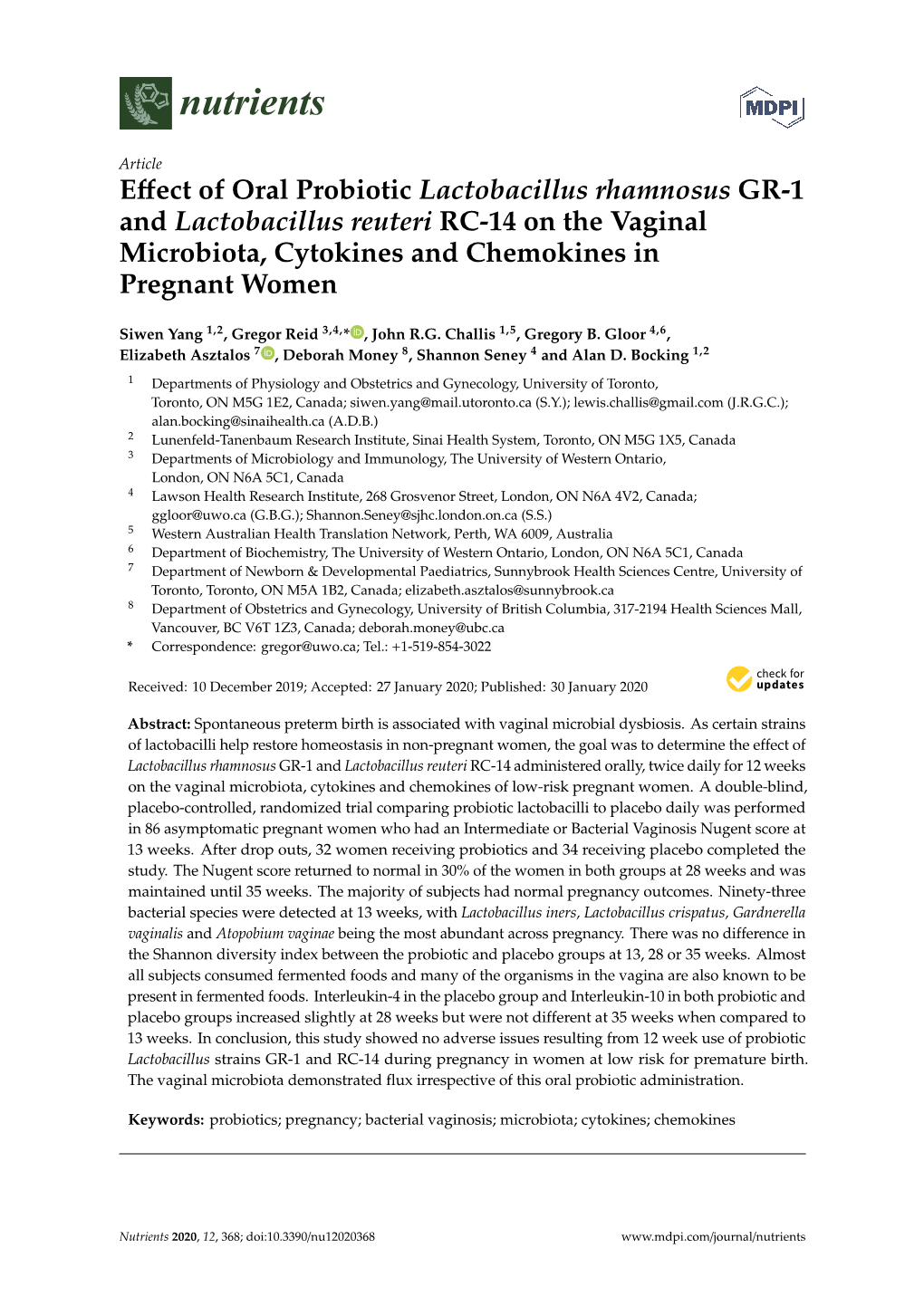 Effect of Oral Probiotic Lactobacillus Rhamnosus GR-1 and Lactobacillus Reuteri RC-14 on the Vaginal Microbiota, Cytokines and Chemokines in Pregnant Women