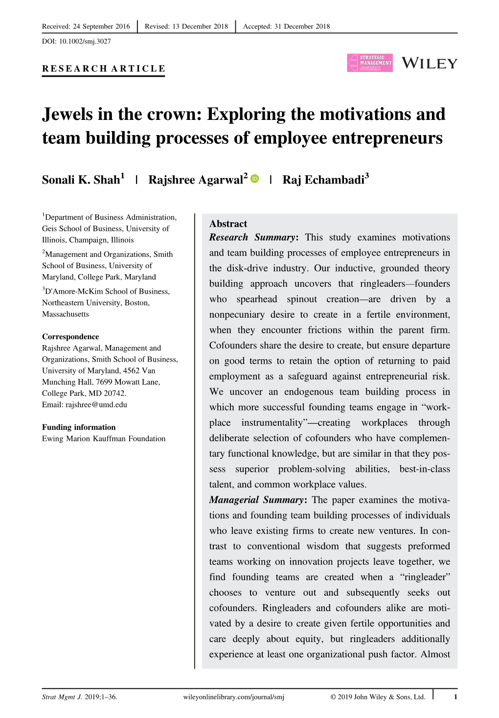Jewels in the Crown: Exploring the Motivations and Team Building Processes of Employee Entrepreneurs