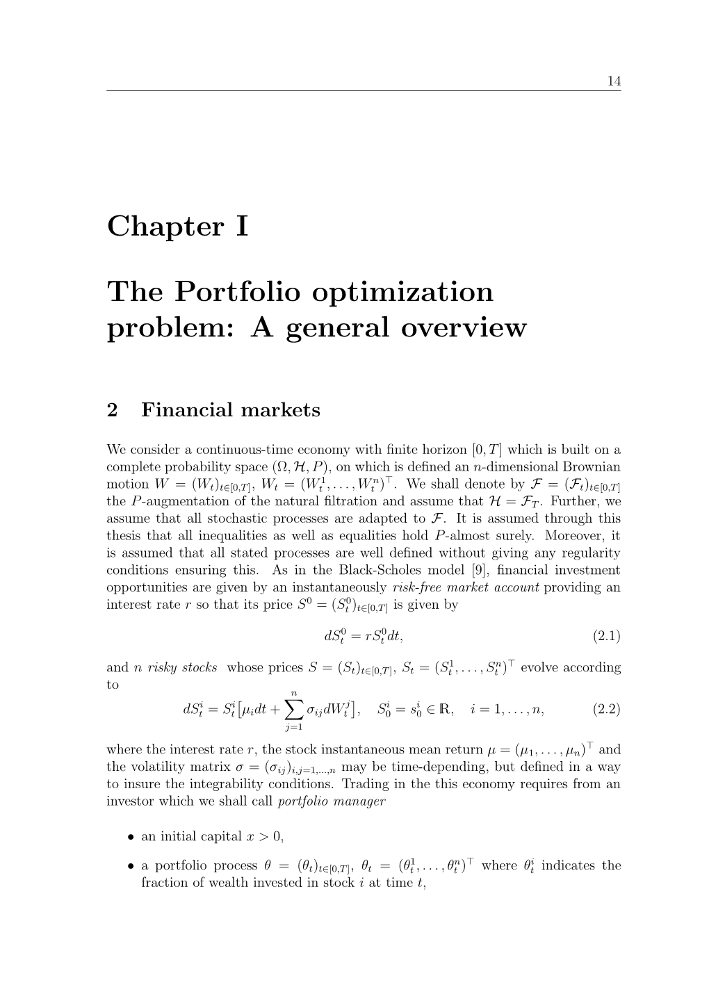 Chapter I the Portfolio Optimization Problem: a General Overview