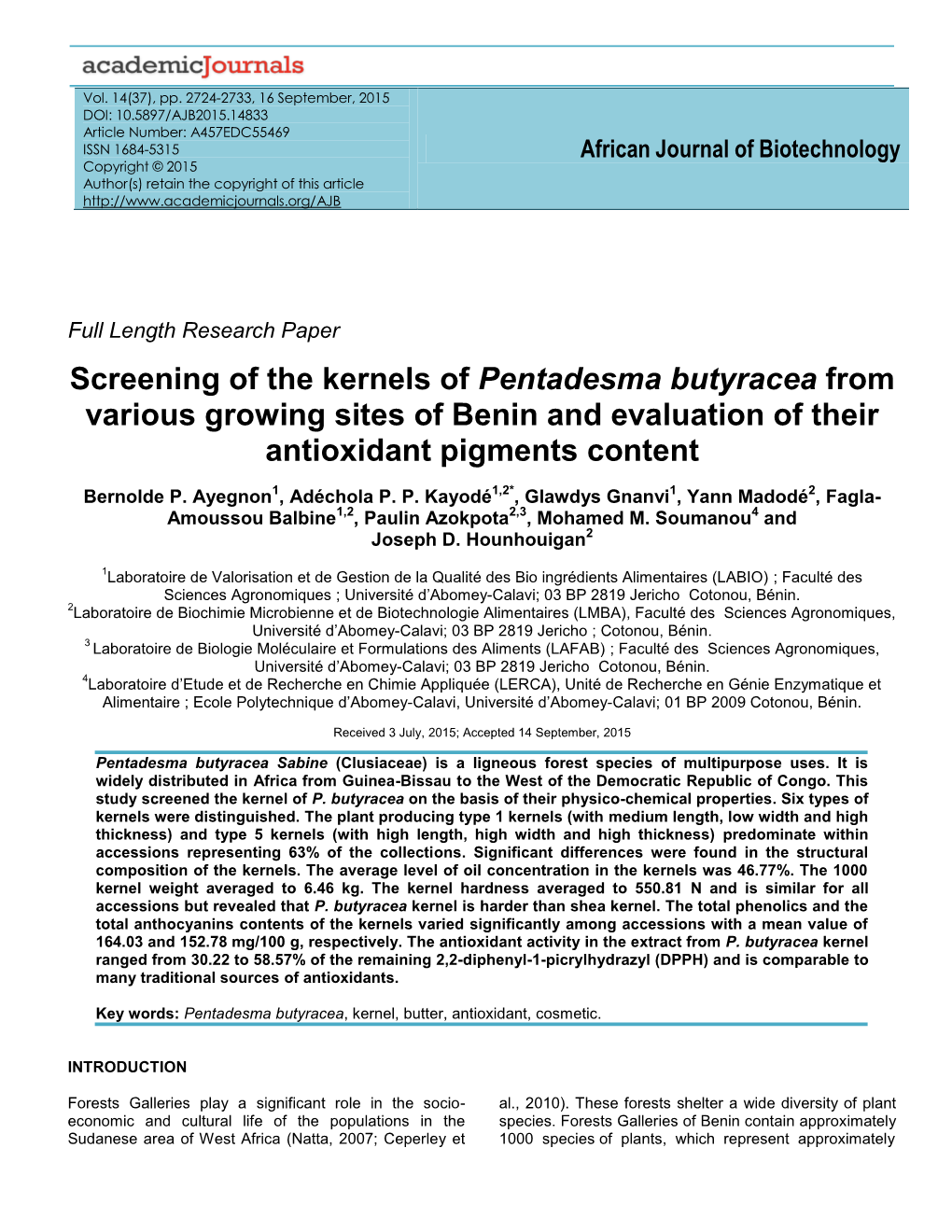 Screening of the Kernels of Pentadesma Butyracea from Various Growing Sites of Benin and Evaluation of Their Antioxidant Pigments Content