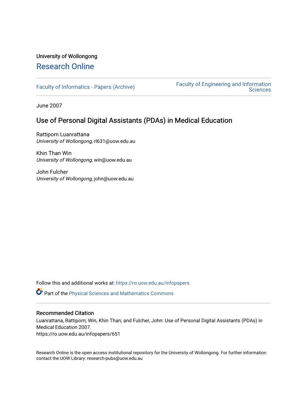 Use of Personal Digital Assistants (Pdas) in Medical Education