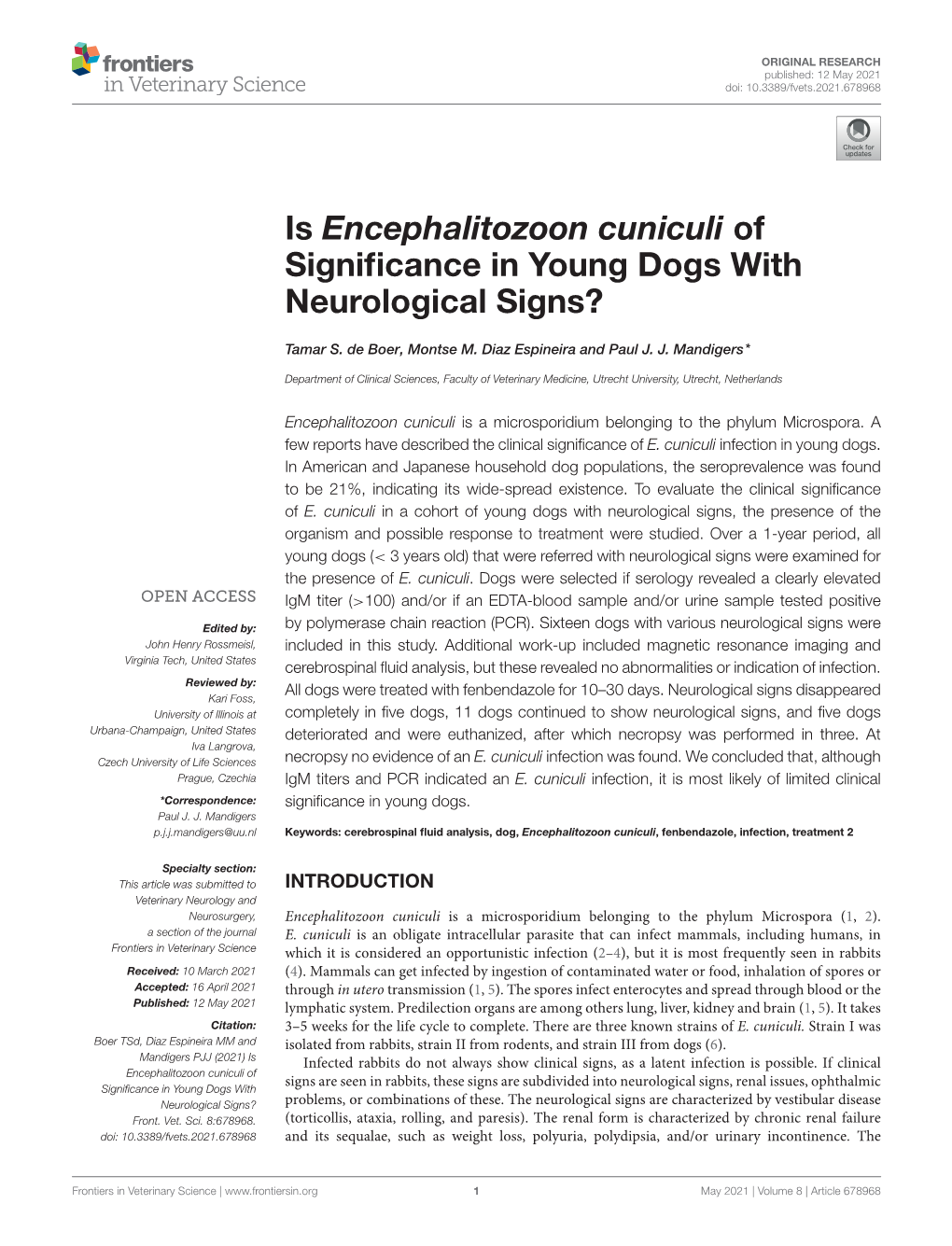 Is Encephalitozoon Cuniculi of Significance in Young Dogs With