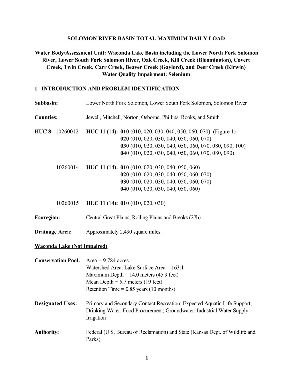 Beaver Creek (Gaylord), and Deer Creek (Kirwin) Water Quality Impairment: Selenium